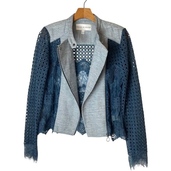 Chelsea And Walker Jacket Women‎ 4 Blue Crochet Lace Mario Denim Jacket Preppy - Picture 4 of 11